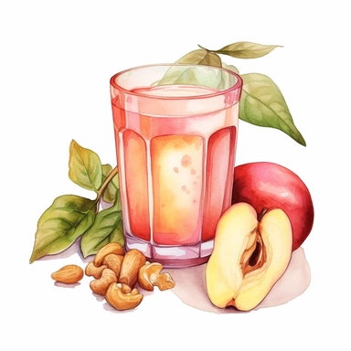An endearing watercolor Cashew Apple clipart of Cashew Apple juice present with glass 300DPI