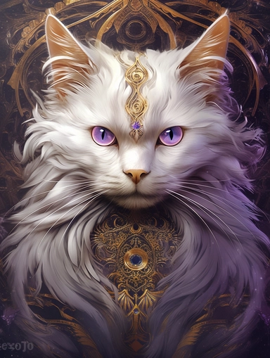 A cat portrait in a gold dress with ornate silver tattoo, in the style of black and lpurple, fractal patterns, mind - bending murals, zbrush, depictions of animals, distinctive noses, clipart png, photorealistic, watercolor, digital painting, WHITE BACKGROUND, fantasy style, realistic, painting, 8k, ultra details,