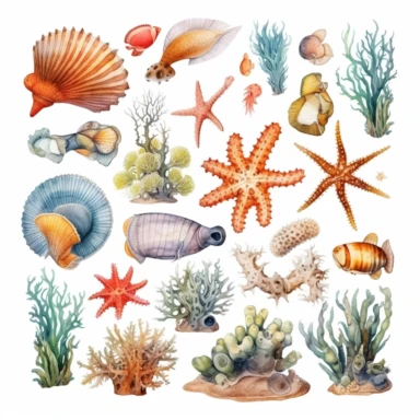 Ocean Life: Detailed watercolor illustrations of sea creatures, such as fish, seashells, starfish, and coral, bringing the underwater world to life. clipart, white background