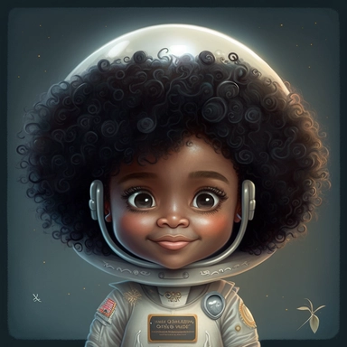 Happy Black Girl Astronant on the moon ,Cheer full , Curly hair, Black Girl clipart, Funny African American Girl , Humorous , funny , smiling in outter space in alien spacecraft , moon child png, Highly detailed close-up portrait , African american Astronaut Girl , Black Girl on the moon , , standing on the moon , Nicoletta Ceccoli, Mark Ryden, lostfish, Earl Nor, global lighting, divine rays, detailed and intricate surroundings, sf, intricate artwork masterpiece, ominous, matte painting movie p