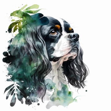 beautiful, black and white Cavalier King Charles Spaniel head looking up, among leaves like in the jungle, watercolor by Liu Yi, intense colors, clipart, high quality, on white background,