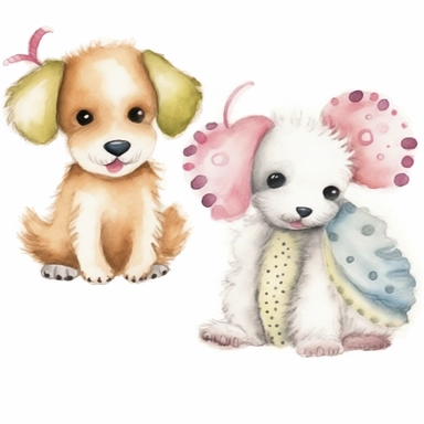 2 cute whimsical puppy cliparts, dogs, Canis lupus, realistic, photorealistic, anatomically accurate, lifelike, doodled by a child, folk art, watercolor texture, soft brush strokes, clipart on white background, high resolution, free margins