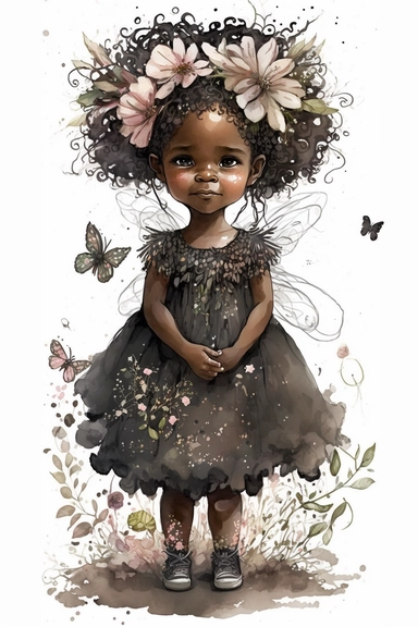 cute little fairy girl, black princess, flowers around, smiling, full body, nice worm eyes, watercolor clipart, intricate details, white background
