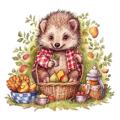Happy Picnic Hedgehog Sublimation Set, outline watercolor hand draw Illustration clipart, 4K, extremely detailed