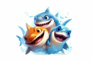 cute baby shark playing with siblings, Clipart, On White Background, Spaced out