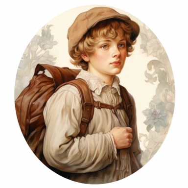 very beautiful boy with schoolbag, vintage, white background, round clipart with pastel color, detailed and lovely Renaissance painting