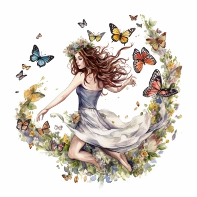 watercolor, hyper realistic, white background, white margins, 16k, ultra detailed clipart, cut out image, hand-drawn, whimsical a lady with a flower crown, twirling in a meadow as butterflies flutter around her in a whimsical dance