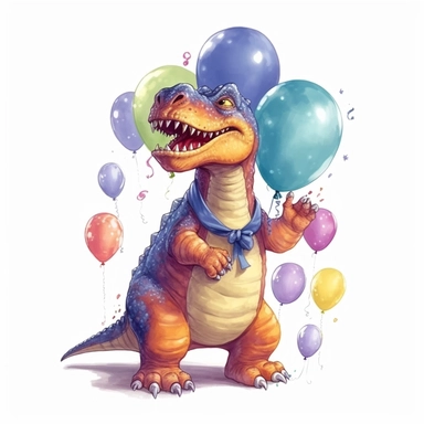a T-Rex cartoon character holding colorful balloons for a birthday party, glamorous , Gouache, white background with margins, Clipart style