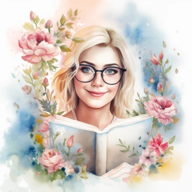 a watercolor painting which shows a close up portrait of beautiful attractive woman with blond hair reading a book with a hypnotising look, wearing is reading glasses. she looks very interested and happy and the clipart is surrounded by flowers and books. the atmosphere is focused and peaceful andmotivational . the picture is painted in a beautiful floresque and office style and is on a White background in the center of the image and the color palette is bright blush beige and pink.