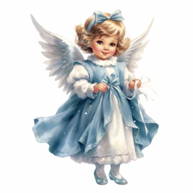 A little girl dressed in a blue dress with white wings.