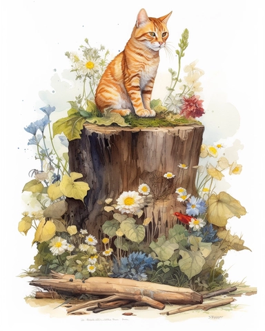 Watercolor Painting of ginger cat sitting on stump surrounded by wild Texas Flowers, on white background good anatomy, DETAILED ILLUSTRATION, Flemish Baroque, Rococo, white background, Intricate Detailed, Soft Light Effect, Oil Paint Strokes, Light Academia Aesthetic Flowers, Lighting cinematic, all shown shimmering stamens, tyndall light, texture, colorful, 8k, fantasy, ray tracing, vivid, spectacular lighting, octane rendering, highly detailed, ultra - realistic, white background, clipart, sur