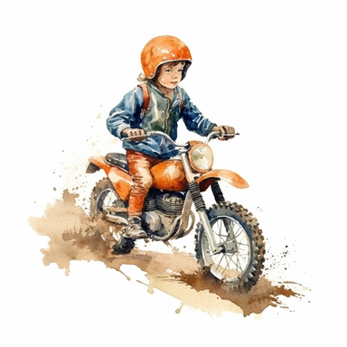 Vintage kids Dirt Bike with a kid riding it on dirt with helmet ,Watercolor,Clipart,Isolated, White background