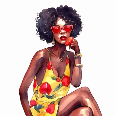 a watercolor fashion illustration clipart of a girl with dark skin wearing a cherry print dress and yellow glasses. The dress should have a bright, vibrant print of red cherries on a white background, and the girl's hair should be styled in a curly afro. She should be depicted in a confident and fashionable pose, exuding a summery vibe. Please ensure that the overall style of the image is colorful and eye-catching, with attention to detail in capturing the cherry print and the girl's unique feat