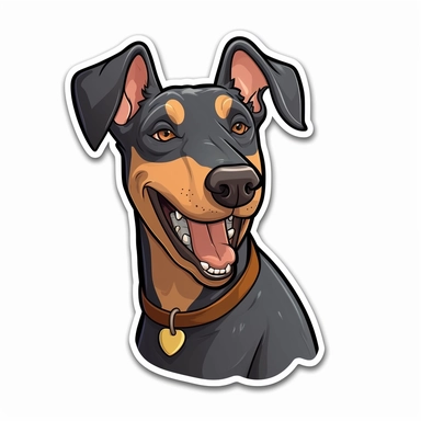 cute Doberman Pinscher, happy and smiling, bold line, clipart, sticker, white background, no shadow, 8k detail