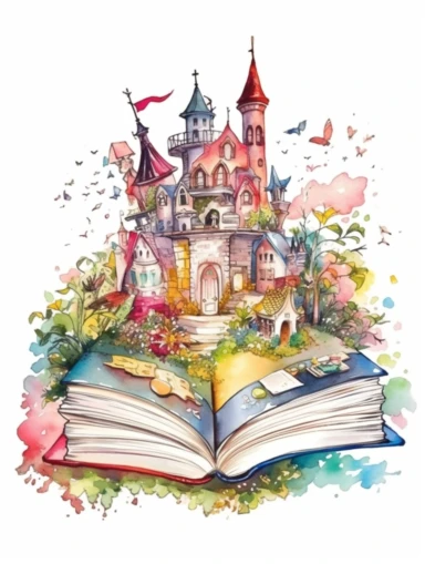 Watercolor clipart with white background, open book, magical fantasy kingdom, secret garden, flat design, clearly defined, high quality clipart