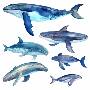 Watercolor whale, illustrations clipart set, simple , cartoon elements, different variants ,d ifferent poses, different species separate elements with a margin