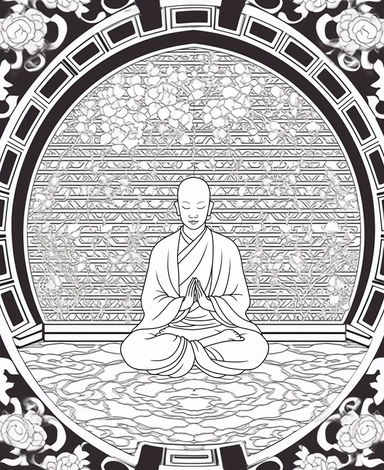 authentic full body tibetian monk meditating toward to audience, no patterns on drobe, fewer details without all shadings and buddhist temple background, the pattern must not protrude from the image, clipart, black and white, thin but strong continuous lines, must not fill with black any areas of the pattern coloring pages,only contours, only outlines