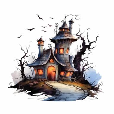 watercolor style, spooky halloween haunted house graveyard in front clipart, haunted house decorated in creepy Halloween style decor jack o lanterns, whimsical Halloween witch house, isolated on white background, 4K, creepy