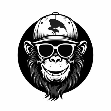 2D Black logo on a white background. Laughing black monkey man hybrid with sunglasses and cap Clipart. NO SHADING. KEEP THE LOGO SIMPLIFIED