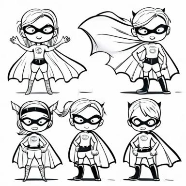 superhero clipart, black and white, white background, line drawing, no shading, multiple poses, cape, for kids, simple