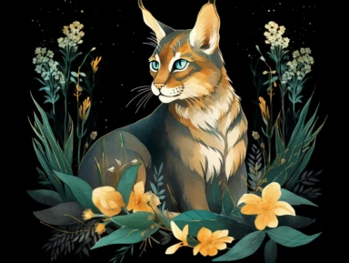 deep emerald gold watercolor Lynx with flowers plants clipart, golden metallic lines and some glitter, shining colors, dark background, 8k, high resolution