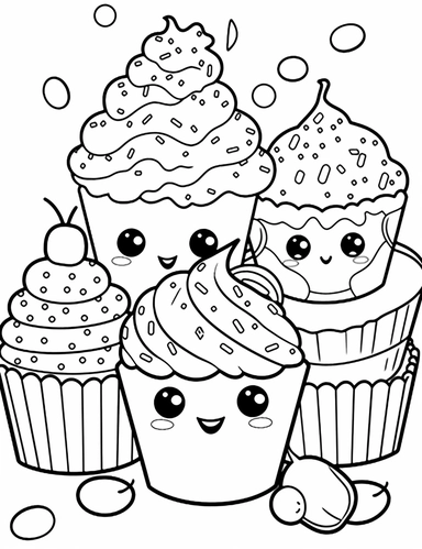 Kawaii muffins with delightful designs and flavors, like blueberry, chocolate chip, and banana For Simple Coloring page,line art, thick lines, black and white,clipart, illustration, on white background,margin Page 10px