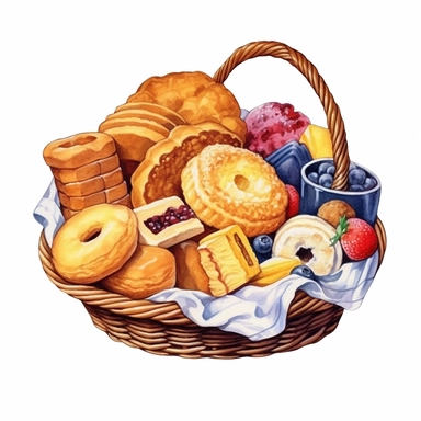 watercolor bread and biscuits in basket illustration in watercolour, in the style of lively illustrations, elaborate fruit arrangements, creative commons attribution, furaffinity, full body, biblical iconography, isometric Clipart desert cartoon t-shirt graphic, vector,contour, isolated on a white background