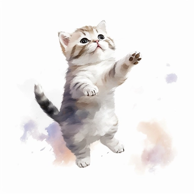 hand painted watercolor clipart, cream white gray colored scottish fold kitten jumping in the air and leaping forward wants to grab something, profile view, excited expression on face, childlike innocence and excitement, full body visible, hairs are visible, visible tail, I can't believe how cute, professional watercolor drawing, watercolor paper texture on drawing, isolated on white background