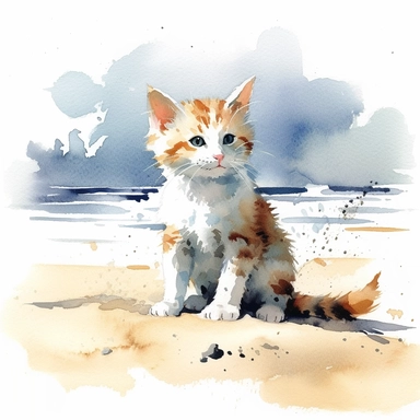 happy kitten on the beach, watercolor painting by WINSLOW HOMER, clipart, white background