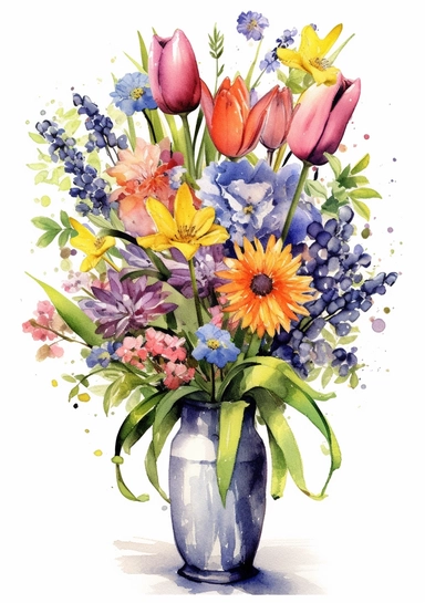 bouquet of beautiful flowers in a vase - Dutch Charm: Tulips (Netherlands), Hyacinths (Netherlands), Daisies (Germany) - artistic watercolor clipart