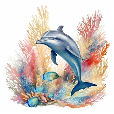 watercolor dolphin swimming through plants and corals, shades of coral turquoise yellow and blue, glamorous, very detailed and realistic, white background with margins, clipart style