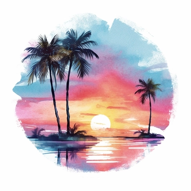watercolor clip art on white background of a tropical palm tree beach sunset in cotton candy colors