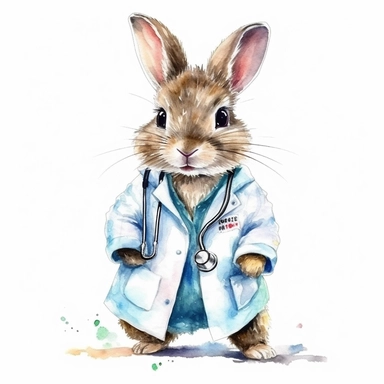 watercolor clipart, cute bunny, wearing a stethoscope and a white coat, working as a veterinarian, watercolor style, realistic, bright colors, 300 dpi, 8k, white and clear background, high solution