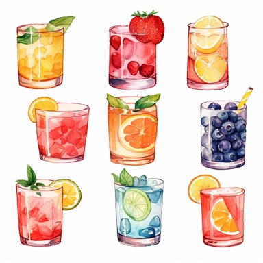 water color clipart summer drink, colourful,water color stype, seperate clipart,isolated with white background,split diagram