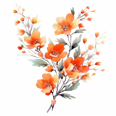 orange flowers branch, watercolor clipart