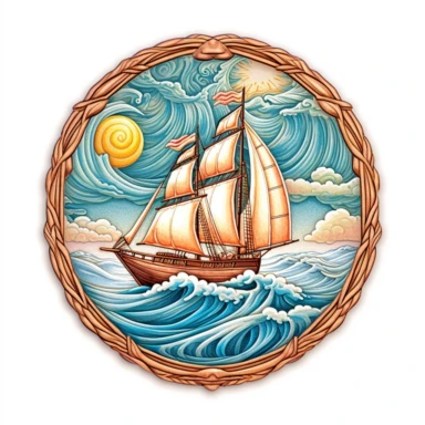 Visualize a whimsical sailing scene, framed within a heart-shaped border. The sailboat dances through vibrant waves, beneath a radiant sun and a sky filled with fluffy clouds. The illustration, blending clipart elements with hyper-realistic details, captures the charm of the boat, the intricate rigging, and the characters reveling in the journey. Against the white background, the high-resolution artwork within the heart-shaped frame emanates a sense of adventure, warmth, and love