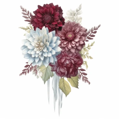 Design a dreamy watercolor clipart of a Dahlia Bouquet with long stems tied with a lace ribbon or brooches composition, with soft and graceful brushstrokes in a delicate color palette of Burgundy, dusty blue, and ivory. Infuse the artistic style of Serenity Blooms Watercolors for a serene and calming depiction. isolated on a white background, 8k uhd, designed by Ana Victoria Calderon and Holly Exley,