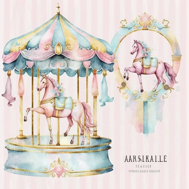 pastel pink, blue, yellow carousel horse, banners watercolor clipart