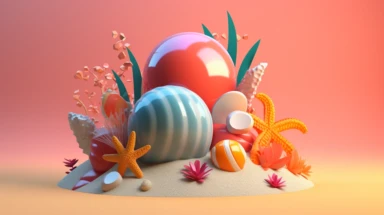 3d abstract summer nature beach object clipart with Gradient Color Overlay Background, minimal, soft color, artistic, high resolution, 8K, Canon 5d Mark IV 35mm IS F1.4 lens,