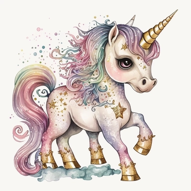 fantasy baby unicorn, clipart watercolor illustration, aquarallist, cute, big eyes, pretty pink, unicorncore, fairycore, free brushwork, watercolor, light and bright, four legs, gold horn, sparkle, skarklecore, detailed, isolated on a white background,