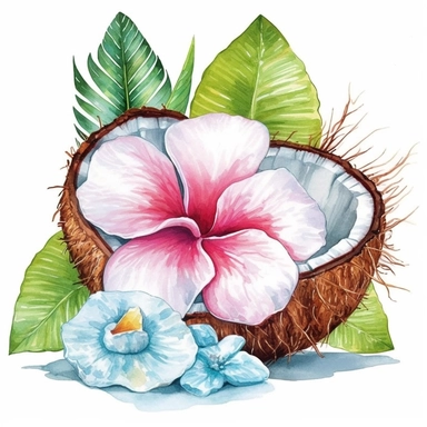 Pastel Cute Beautiful Hawaii Coconut tropical flower Watercolor Sublimation Clipart,Cartoon, hyper realistic, intricate detail, illustration style,high solution,on the white background