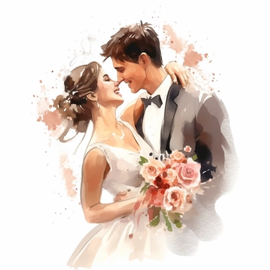 watercolor, drawing, illustration of the bride and groom, bride short hair, laughing, wedding dance, holding a bouquet, flowers, clipart, high resolution image, detailed image, photorealistic, 3D, 4K