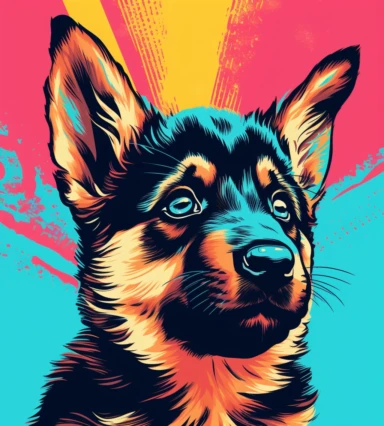 very cute little German shepherd puppy portrait clipart,looking at the audience,pop art illustration,Hotline Miami