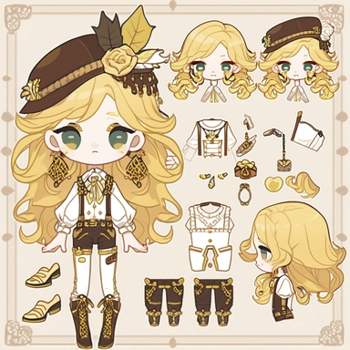 character sheet, knoling, clipart, inventory catalog, cute chibi character, golden wavy long hair, long bangs, yellow-green eyes, flat chest, beautiful young boy, gothic, frill, lace shirt, high West brown shorts, yellow bird, mimosa, yellow jewelry, ribbon
