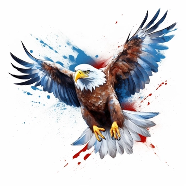Visualize an energetic clipart featuring a soaring bald eagle, with its wings outstretched, against a crisp white background, embodying the spirit of freedom on the 4th of July.