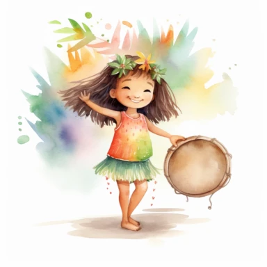 watercolour, adorable little hula dancer, she is 4 years old, dancing and playing a Hawaiian looking little drum, clipart