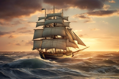Sailing ship five-masted barque Golden Horizon aka Flying Clipper on the open sea at sunset. The stunning sunset must be evident. It's very rough seas with wind force 8 and heavy waves. The sails are open. The sky is slightly cloudy. Continuous image sharpness to the horizon. Photorealistic with canon eos r5, Ultra detailed, flair, volumetric sunset lighting. Lots of drama.
