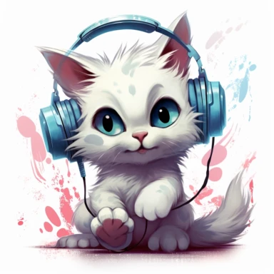 cute kitten listening to music in the style of skottie young, clipart