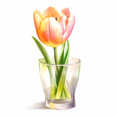 One Orange Tulip in Glass Vase Clipart on a white background, in the style of hyperrealistic illustrations, white and pink, realistic watercolor paintings, holotone printing, precise perspective, high resolution, les nabis, no watermark, text, words, paintbrush, typography , the images don't stick together, no words in the vase
