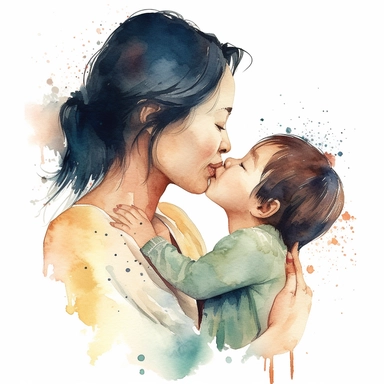 imagine watercolor, asian mother, happy, kissing child on forehead, clipart hd, profile shot, dreamy, on white background, portrait, spaced out